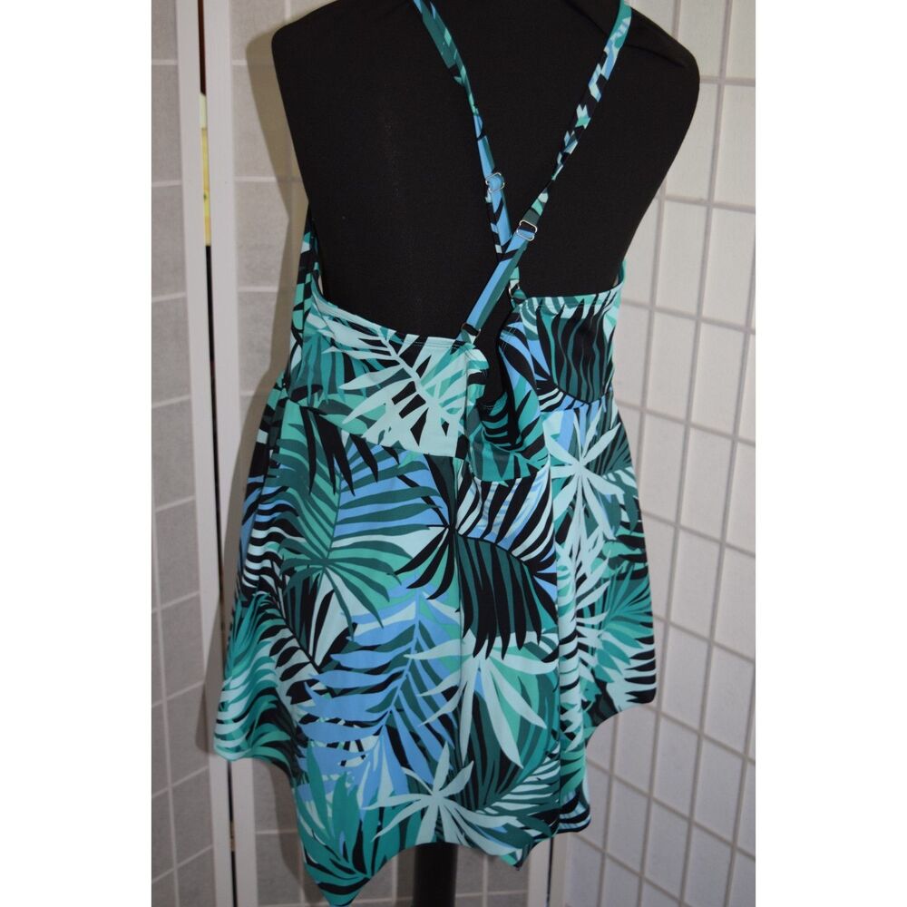 Catherines Blue Green Tropical Palm Keyhole Handkerchief Tankini Top - Size 22W